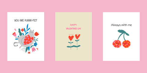 A set of Valentine's Day postcards. Modern doodle-style design Templates for celebrations, advertising, branding, banners, covers, labels, posters, sales