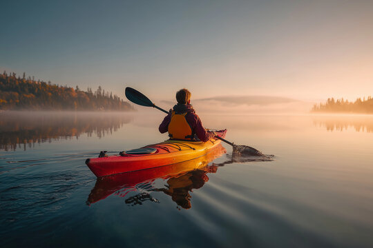 Solo kayaker paddling across a glassy misty lake at sunrise, red kayak reflecting on calm water amid golden autumn forest and fog