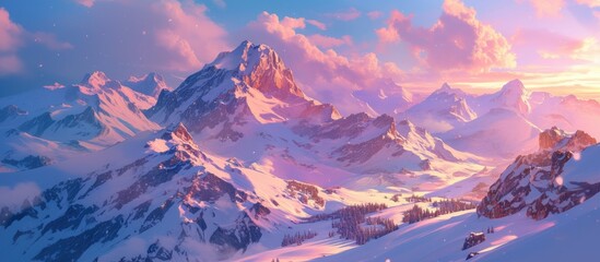 Winter mountain landscape with turquoise river flowing between snowy rocks and pine trees under a bright blue sky, creating a peaceful nature scene.