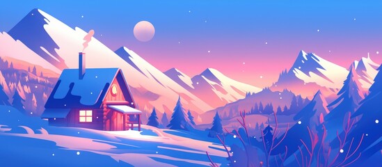 Cozy winter cabin with smoke rising from the chimney, surrounded by snow-covered trees and hills, glowing in soft pink morning light, creating a peaceful landscape and holiday atmosphere.