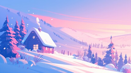 Cozy winter cabin with smoke rising from the chimney, surrounded by snow-covered trees and hills, glowing in soft pink morning light, creating a peaceful landscape and holiday atmosphere.