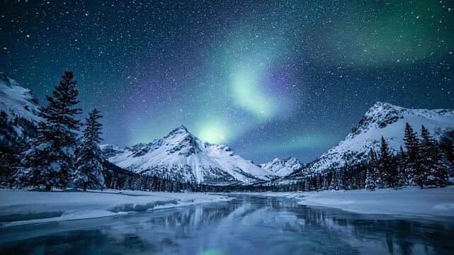 Majestic, ancient pine trees silhouetted against the brilliant, swirling patterns of the aurora, emphasizing the raw, untouched beauty of nature. Foreground elements, dramatic contrast