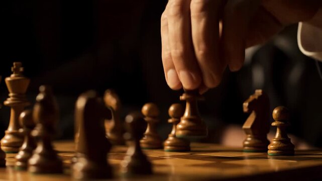 Person Making A Chess Move Over A Wooden Board