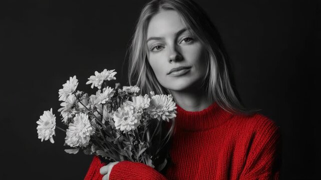 Video A woman wearing a red sweater holds a bouquet of flowers, perfect for various occasions