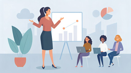 Fototapeta premium Dynamic businesswoman presenting business strategies to diverse audience in modern office, showcasing growth charts for successful company performance review