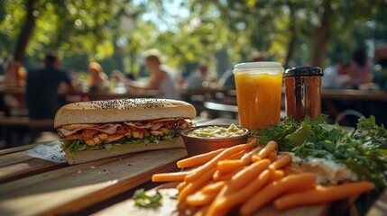 Picnic table filled with sandwiches dips and freshly cut carrot sticks set up in a sunny park with people enjoying an outdoor lunch