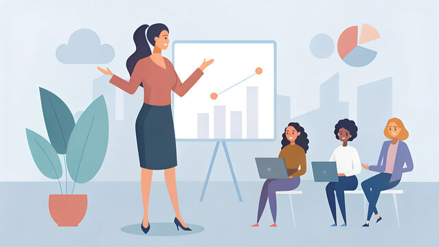 Dynamic businesswoman presenting business strategies to diverse audience in modern office, showcasing growth charts for successful company performance review