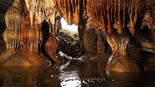 Depicting the majestic scale and serene atmosphere of a natural cave system, with stalactites hanging gracefully from the cavern ceiling, emphasizing their grandeur.