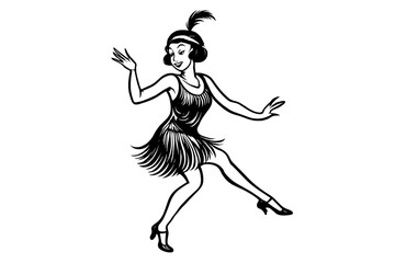Stylish retro flapper girl dancing in fringed dress and feathered headpiece