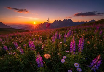 Fototapeta premium Field of Lupine Flowers at Sunset - Lupine meadow meets the horizon. The sunset signifies hope, the lupines represent imagination, the mountains strength, the meadow growth, and the sky symbolizes