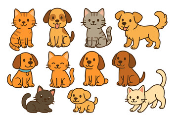 Fototapeta premium Adorable cartoon dogs and cats collection in various sitting and standing poses