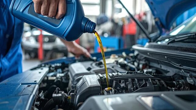 Auto mechanic pouring fresh motor oil into a car engine during a routine vehicle maintenance service in a repair shop