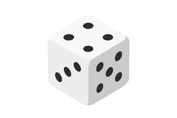 Single white six-sided die showing three, four, and five pips in isometric perspective