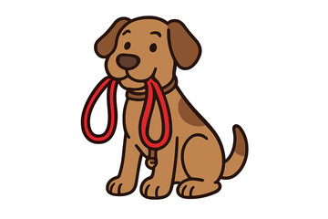 Adorable cartoon puppy sitting patiently with a red leash in its mouth waiting for a walk