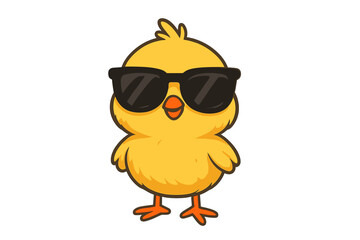 Adorable yellow baby chick wearing cool black sunglasses standing on a white background