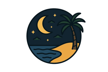 Tropical beach night landscape with palm tree, crescent moon, and stars