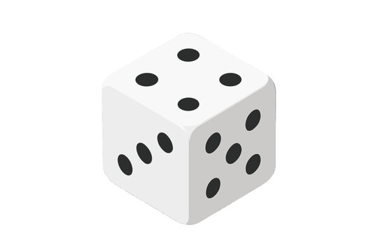 Single white six-sided die showing three, four, and five pips in isometric perspective