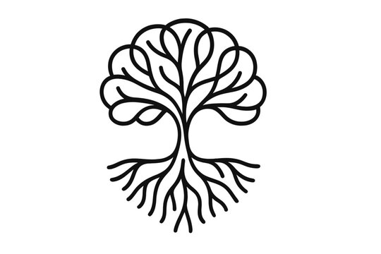Minimalist black stylized tree with roots and circular canopy representing nature and growth