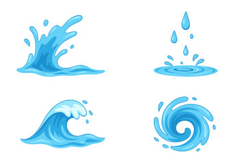 Dynamic cartoon water effects including splash, wave, ripple, and swirling vortex