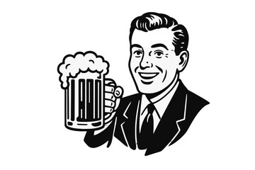 Vintage smiling gentleman raising a large mug of beer with foam in a celebratory toast