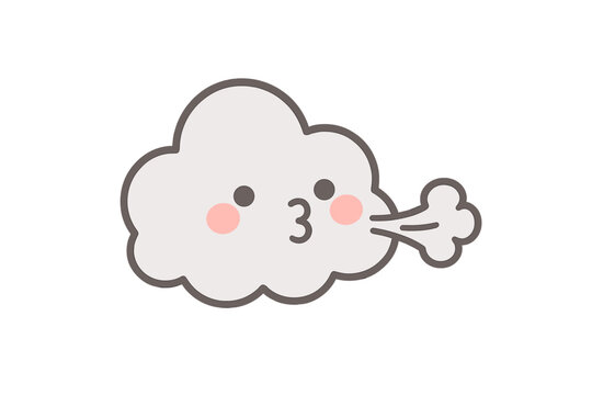Adorable cartoon cloud character with a smiling face blowing a strong gust of wind