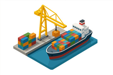 Isometric cargo port terminal with container ship and yellow gantry crane loading freight boxes © icon_art