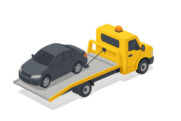 Yellow flatbed tow truck transporting a dark sedan car for roadside assistance service