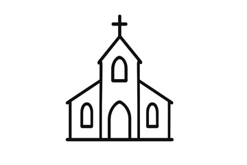 Traditional church building with a cross on the steeple, simple line drawing