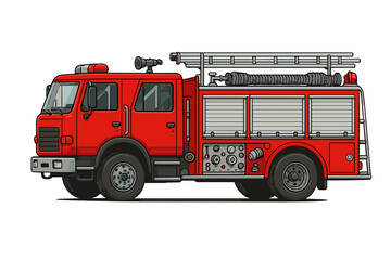 Bright red fire engine truck with ladder and hose equipment for emergency response