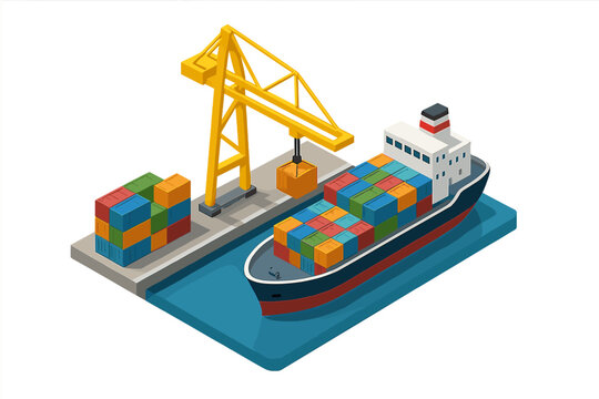 Isometric cargo port terminal with container ship and yellow gantry crane loading freight boxes