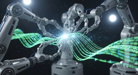 robotic arms manipulating glowing digital dna helix in futuristic lab