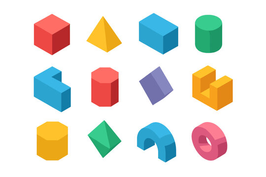 Colorful set of various isometric geometric shapes and abstract figures on a white background