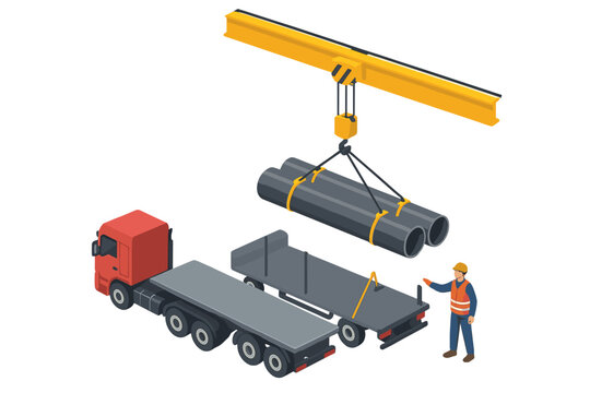 Gantry crane lifting heavy metal pipes onto a flatbed truck trailer supervised by a construction worker