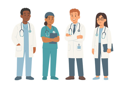 Diverse group of medical professionals standing together including doctors and nurses