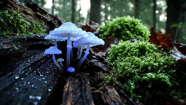 Dynamic time lapse footage capturing the slow, almost imperceptible growth and unfurling of a beautiful forest mushroom from a tiny spore to its full form.