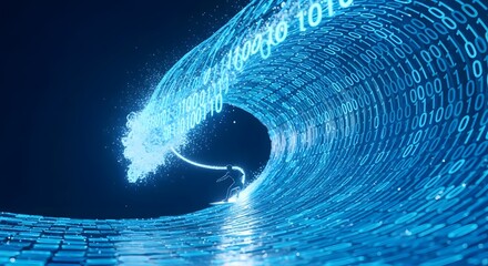 futuristic digital wave of flowing binary code and data stream in blue