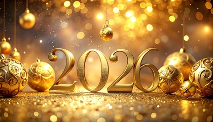Golden 2026 numerals on shimmering glitter with ornaments, bokeh