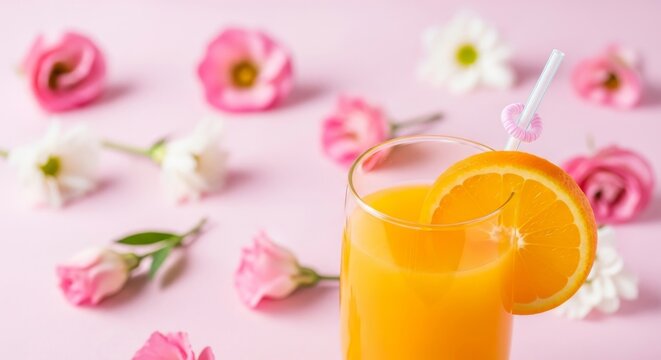 Fresh Orange Juice with Flowers on Pink - Refreshing orange juice symbolizes vitality and zest. The pink backdrop with delicate flowers adds a touch of elegance and femininity, evoking feelings of joy