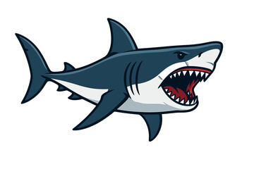 Aggressive great white shark mascot character with open mouth and sharp teeth