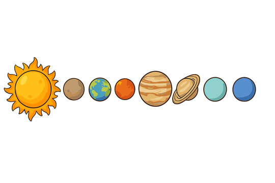 The Sun and eight planets of the solar system aligned in cosmic order on a clean white background