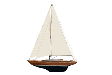 Classic wooden sailboat yacht with large white sails isolated on a clean background