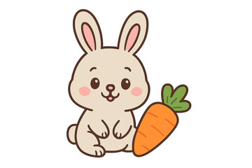 Cute cartoon rabbit character with a big orange carrot isolated on white