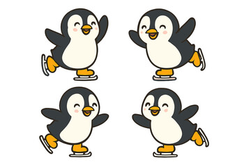 Cute cartoon penguins happily ice skating on a white background for winter sports fun