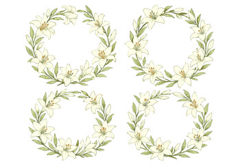 Four elegant white lily floral wreaths with green leaves arranged in circular frames © icon_art