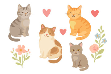 Set of adorable cats in watercolor style surrounded by pink hearts and spring flowers