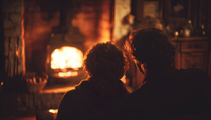 A romantic moment between two people in front of a warm fire, suitable for love story or cozy atmosphere images
