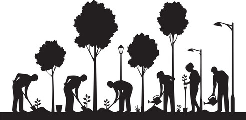 Silhouettes of people planting trees and gardening in park for international volunteer day
