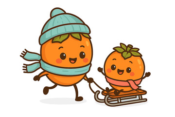 Happy persimmon fruit characters sledding in winter wearing warm hats and scarves