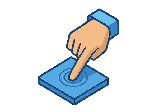 Human hand finger pressing down on a square blue isometric touch interface button