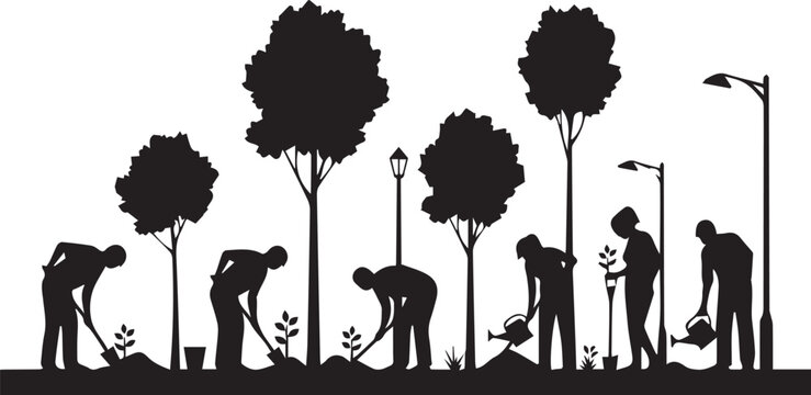 Silhouettes of people planting trees and gardening in park for international volunteer day